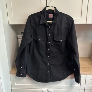 Levis Denim Pearl Snap Long Sleeve Button Shirt Womens L Black Jean Western Moto